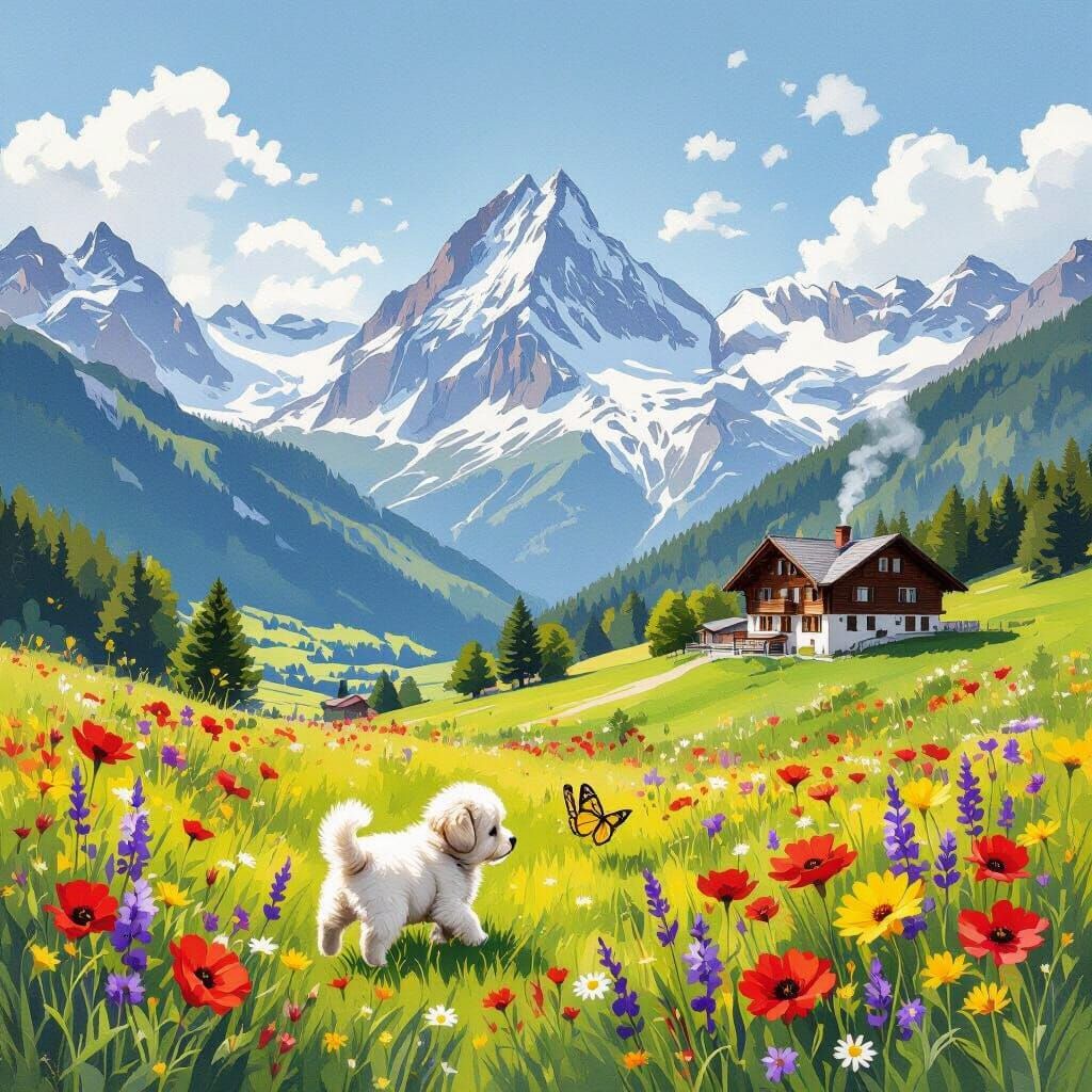Majestic Swiss Alps with Puppy and Butterfly