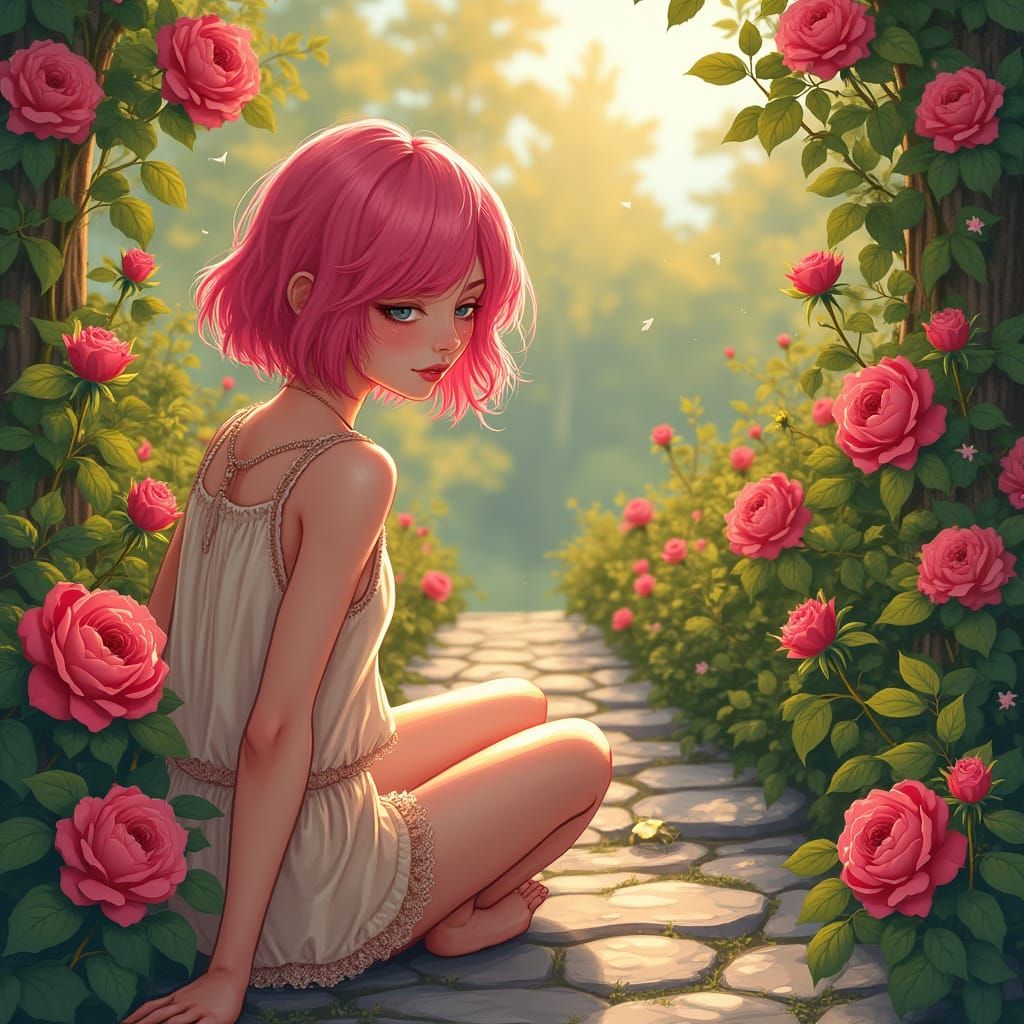 Woman with Vibrant Pink Hair in Whimsical Garden