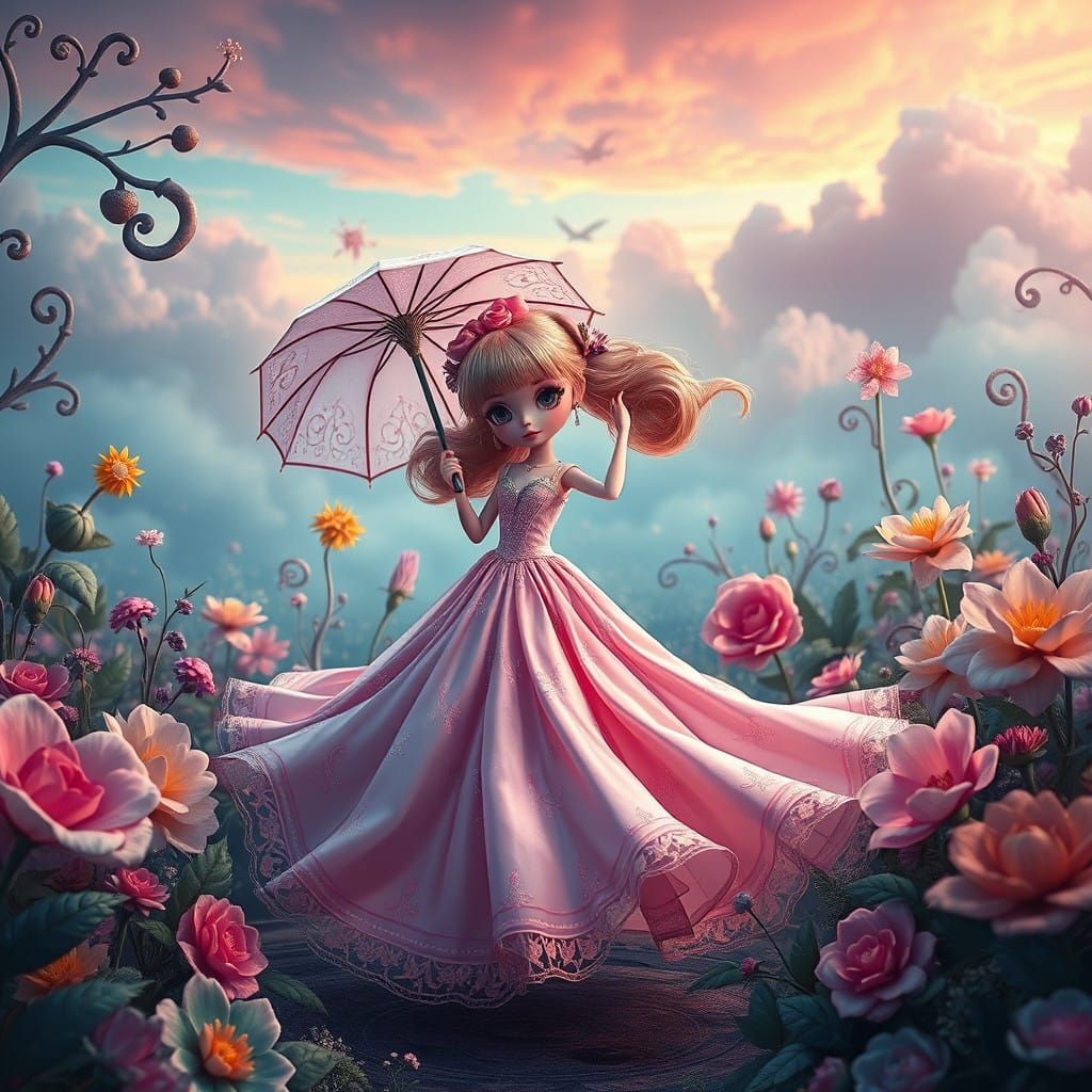 Ethereal Blythe Doll Dances with Umbrella in Whimsical Wonde...