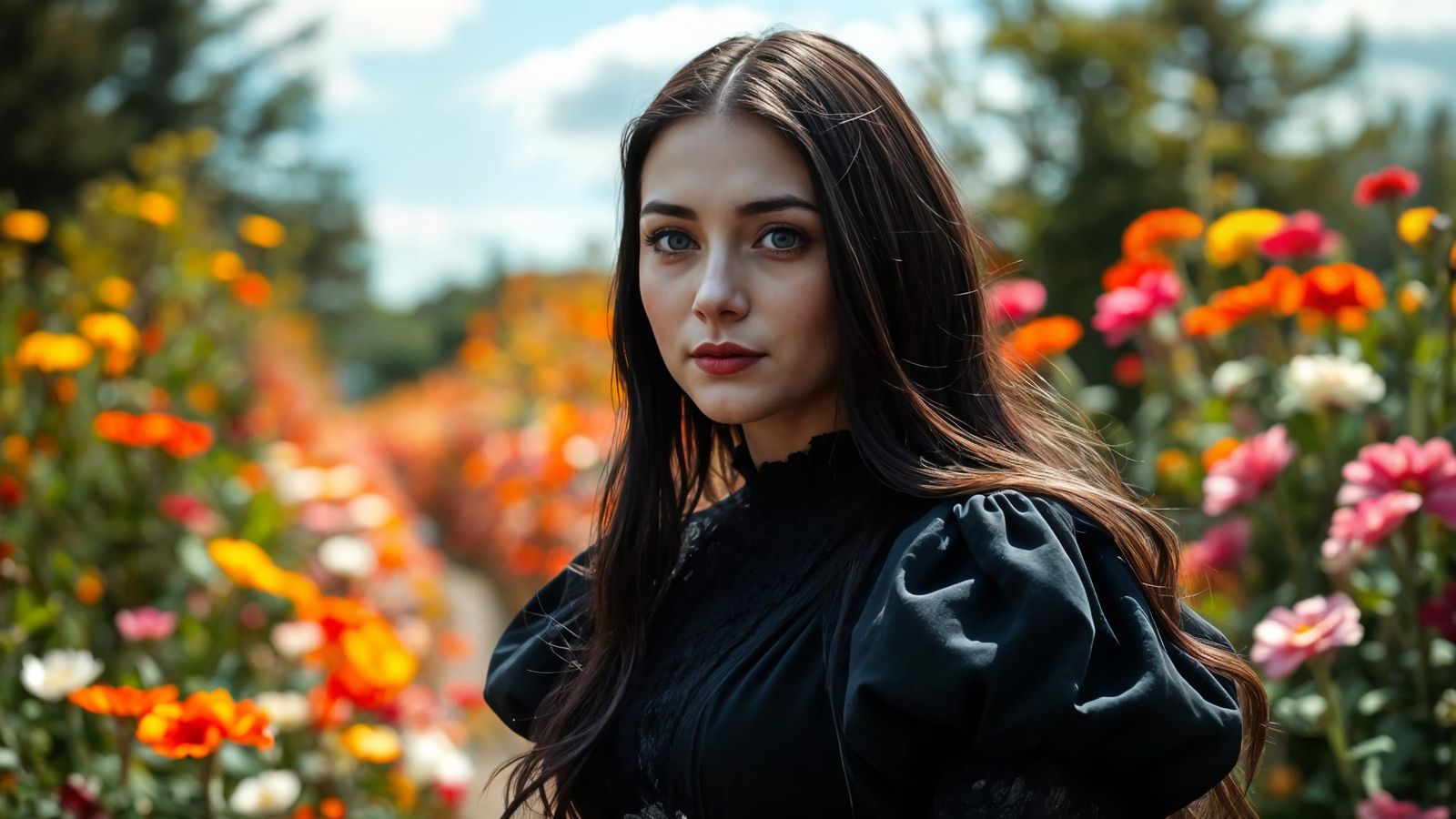 Gothic Woman in a Flower Garden Portrait