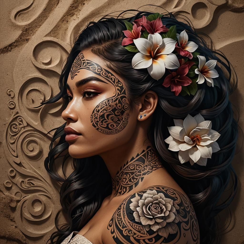 Maori Girl with Tattoos on a Dark Beach