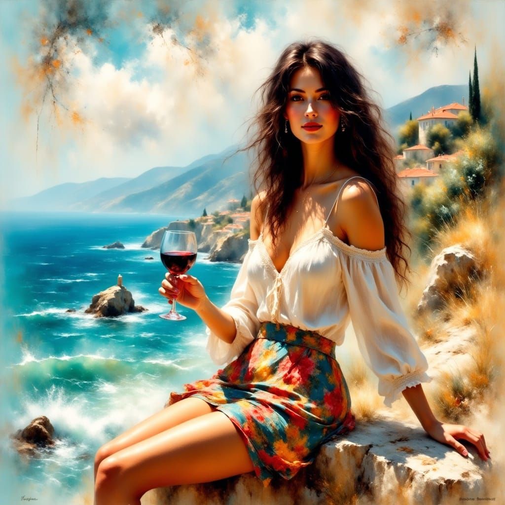 Woman on Rocky Ledge Overlooking Sea, Impressionist Oil Pain...