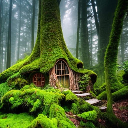 Whimsical Fairy Cottage in Gnarled Tree, Digital Painting