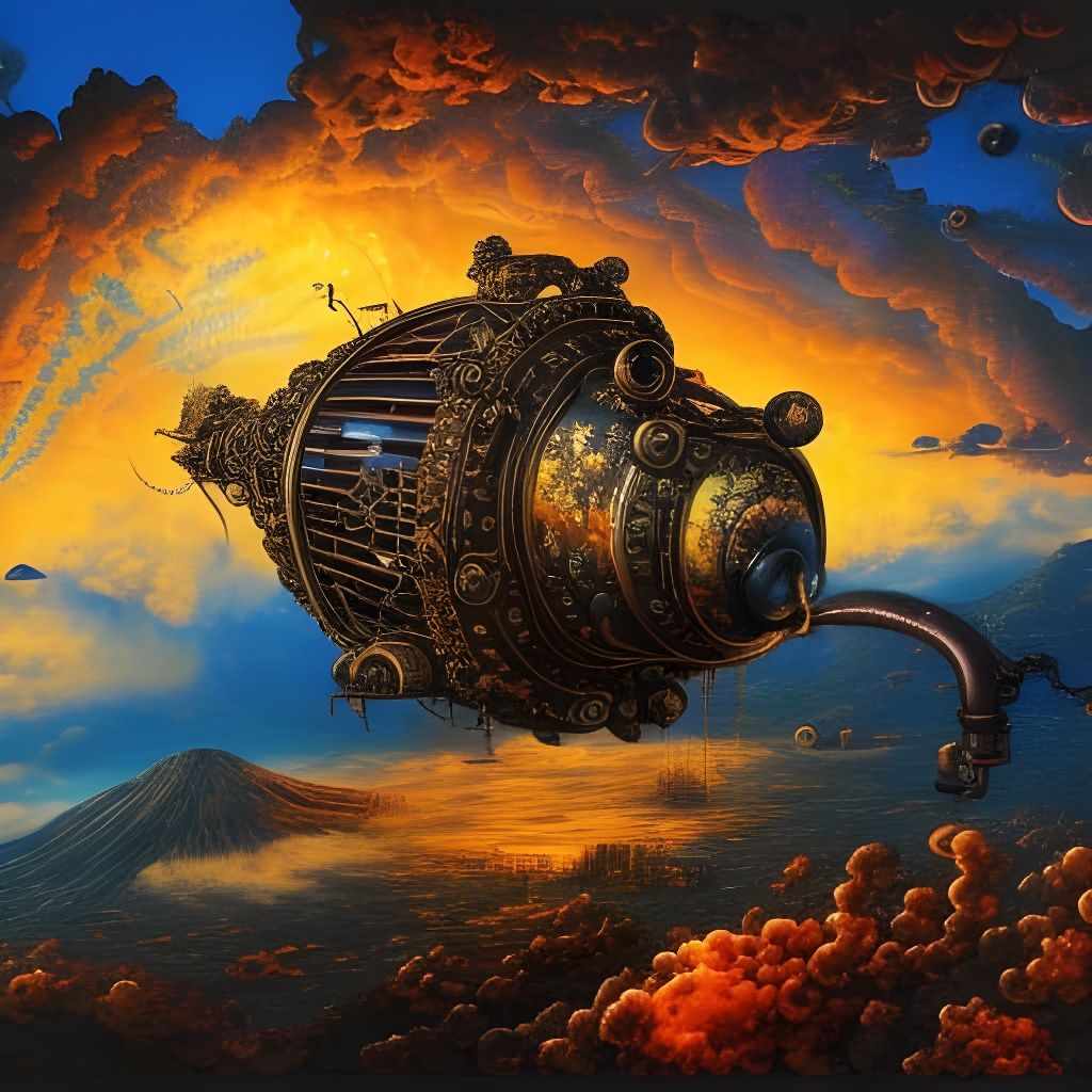 Steampunk Dirigible Over Erupting Volcano as Digital Art