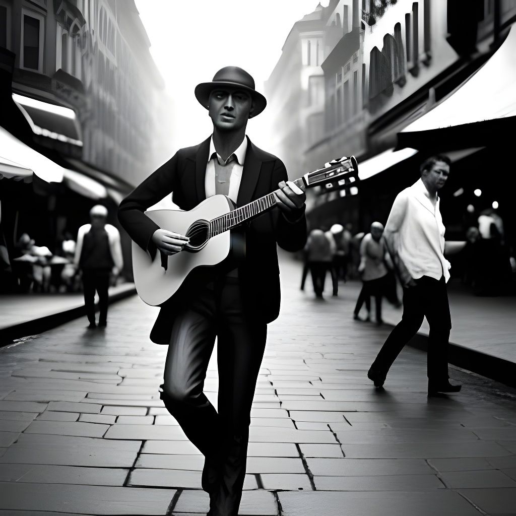 Busker Plays Guitar: Hyperrealistic Black and White 3D Rende...
