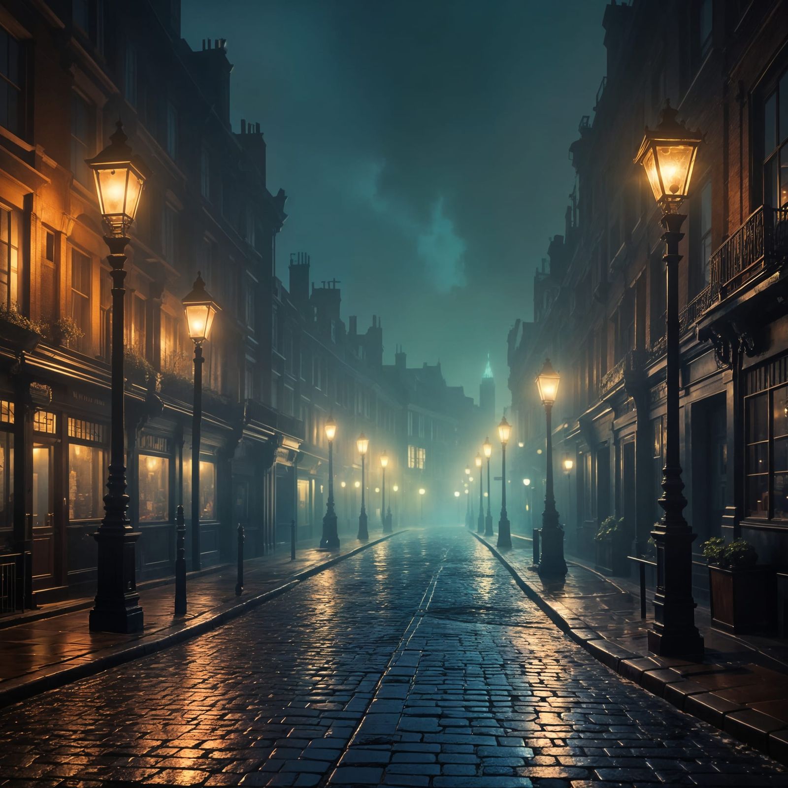 Victorian London Street Scene by Lamplight