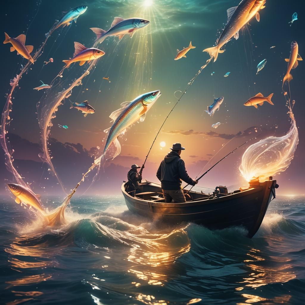 iridescent green gradients of man fishing at sea on a magica...