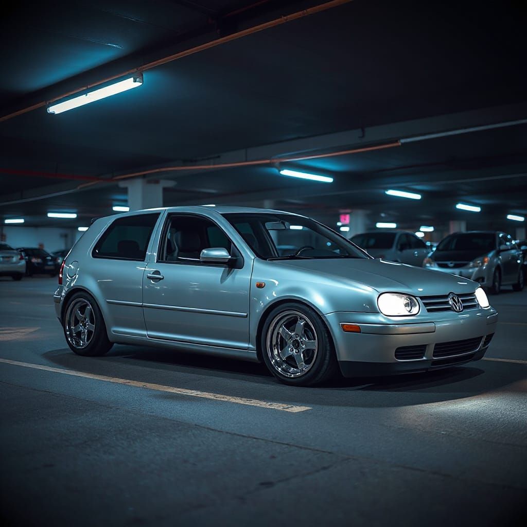 Slammed MK4 VW Golf GTI Under Neon Lights