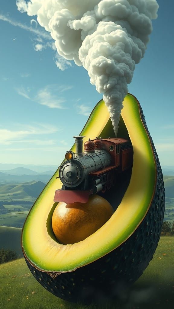 Vintage Steam Train Emerge from Avocado in Ultra-HD Whimsy