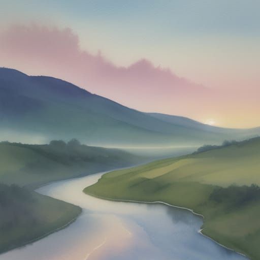 Serene Watercolor Landscape with Digital Brushstrokes