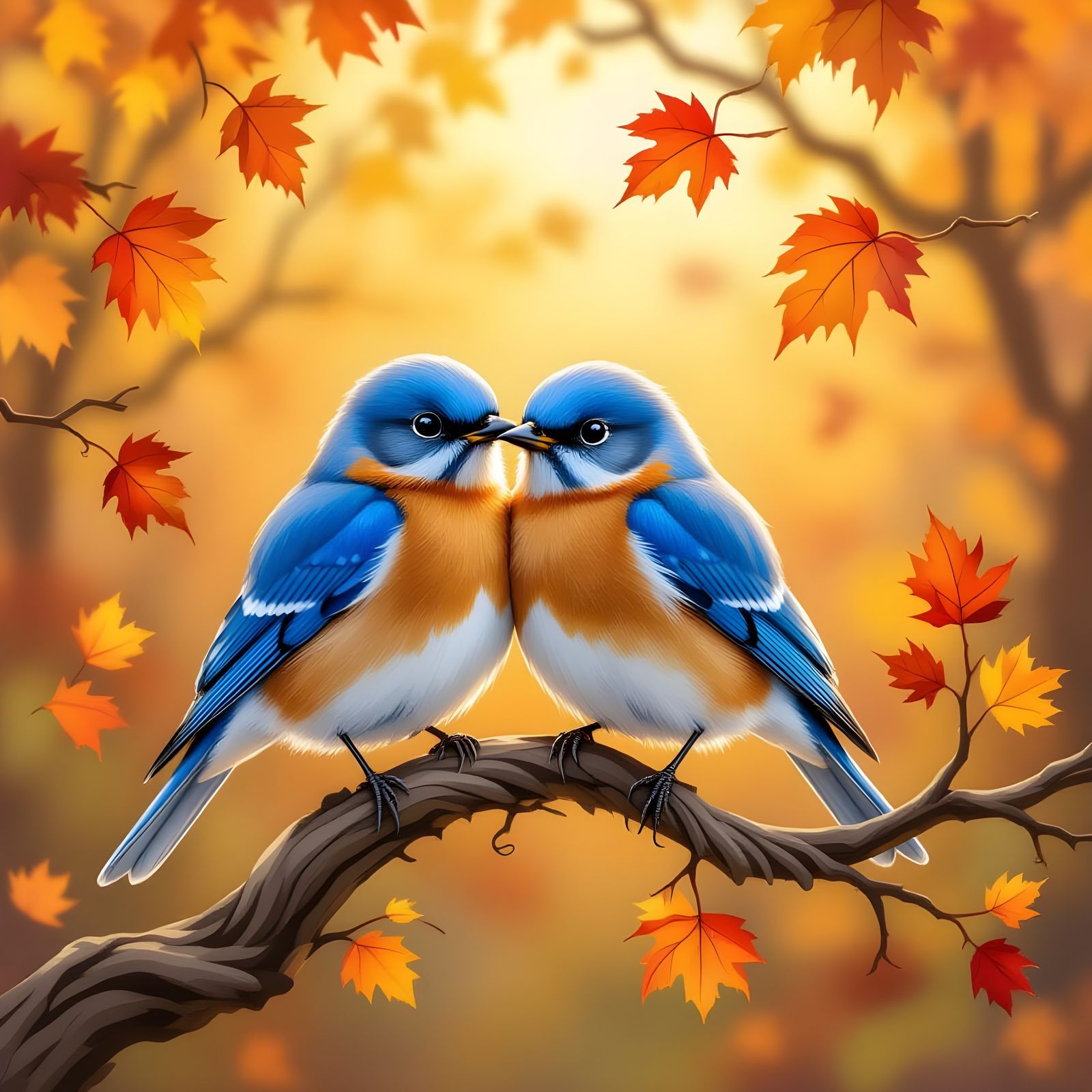 Bluebirds Kissing Amidst Autumn Leaves