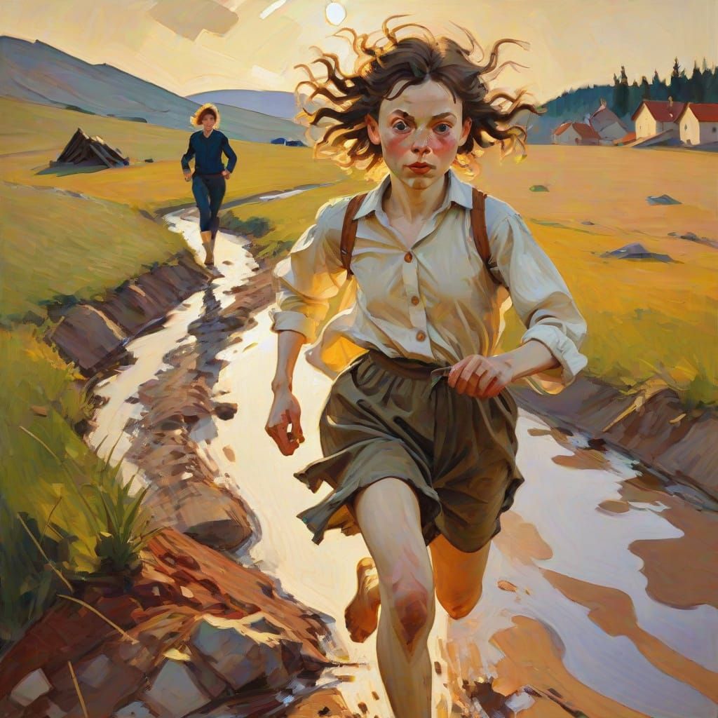 Expressionist Girl Runs to Vaska: Oil on Canvas
