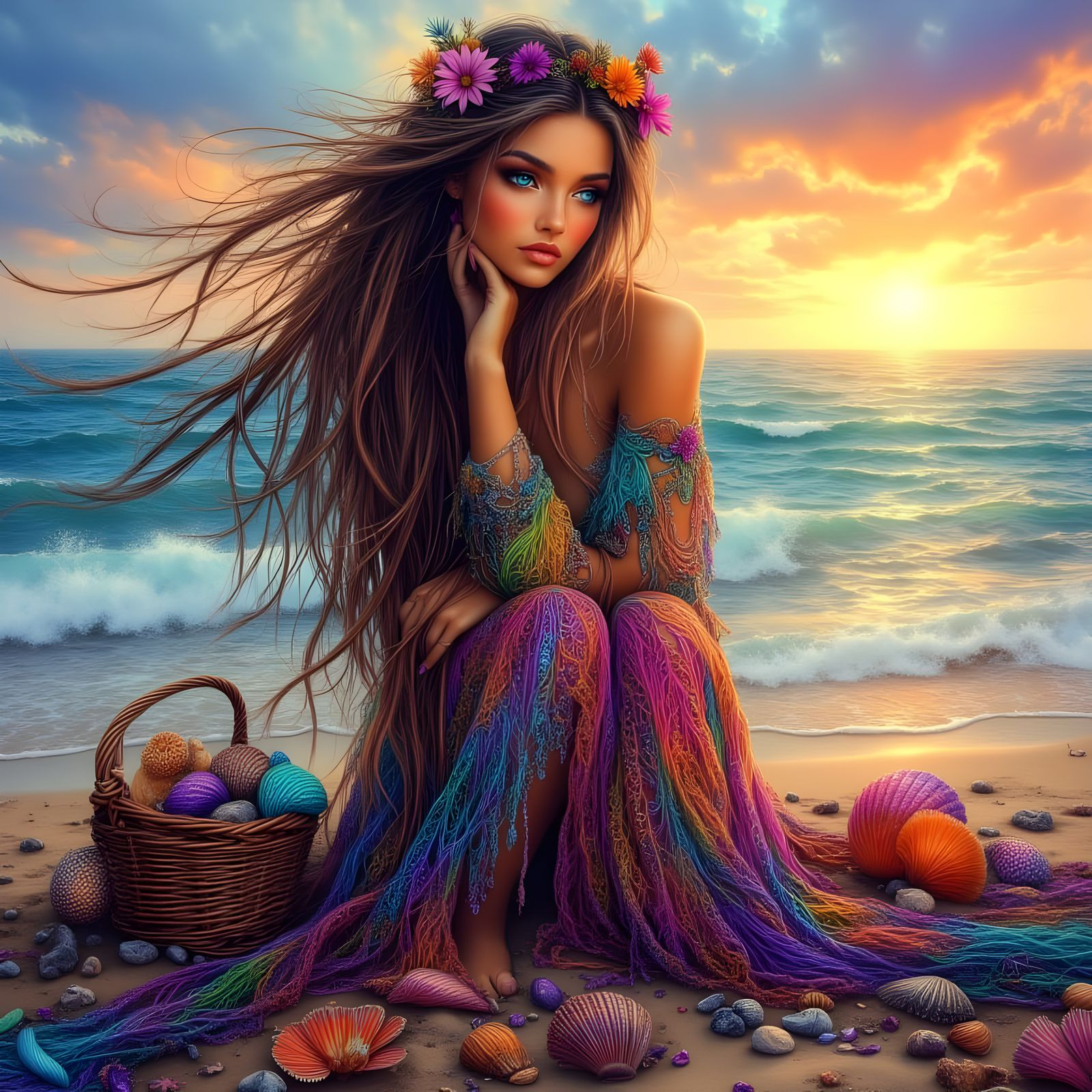 Bohemian Woman on Beach at Sunset