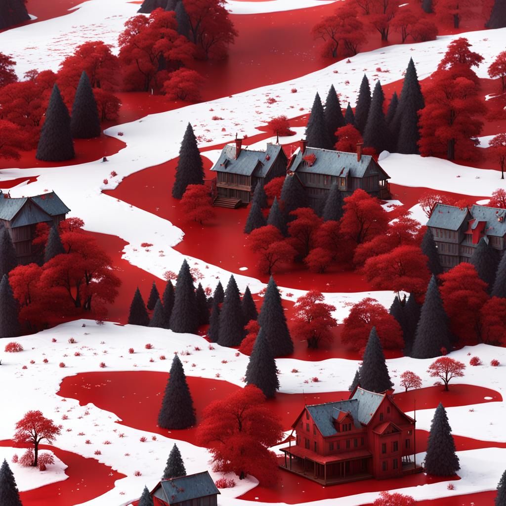 Collapsing Card House in Snowy Forest, Fantasy Art