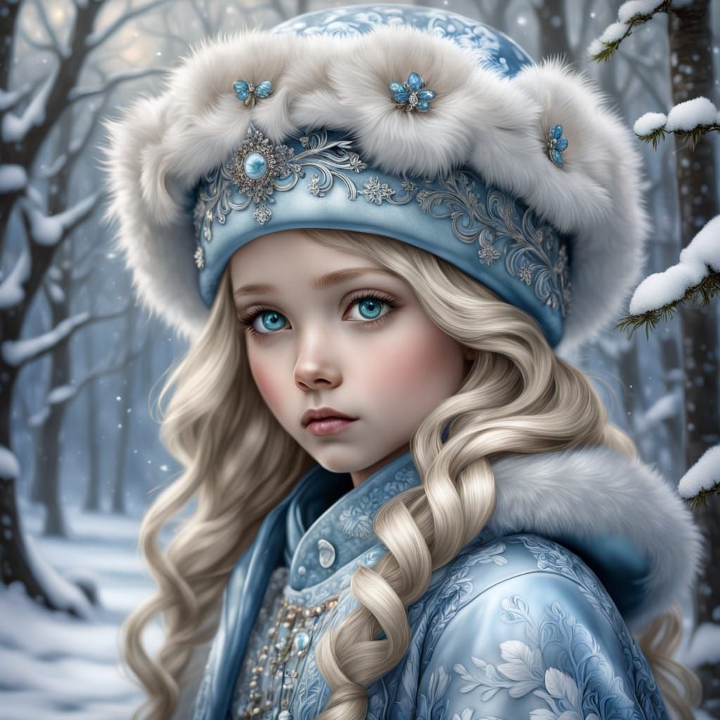 Winter Girl in Porcelain Coat, Long Blonde Hair, and Sparkli...