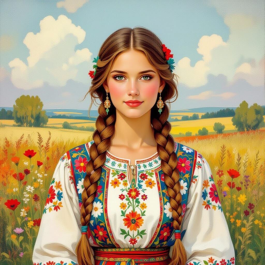 Ukrainian Woman in Landscape, Art Nouveau Style