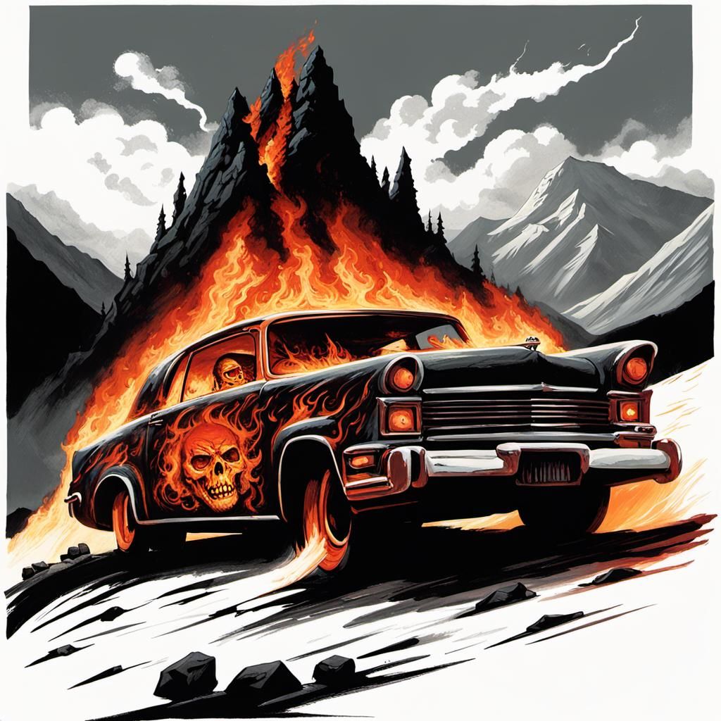 Infernal Descent: A Fiery Car Journey to Hell
