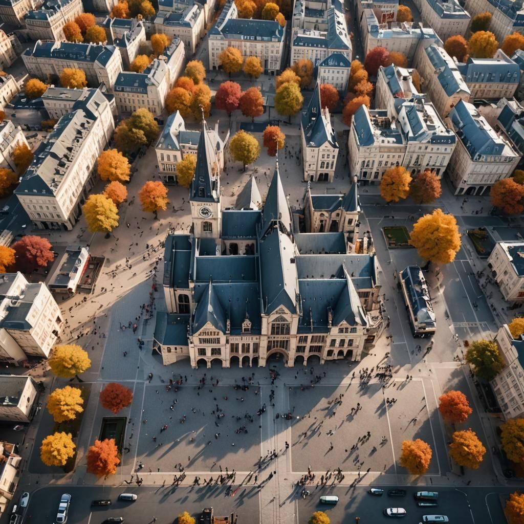 Autumnal European City Square with Gothic Town Hall