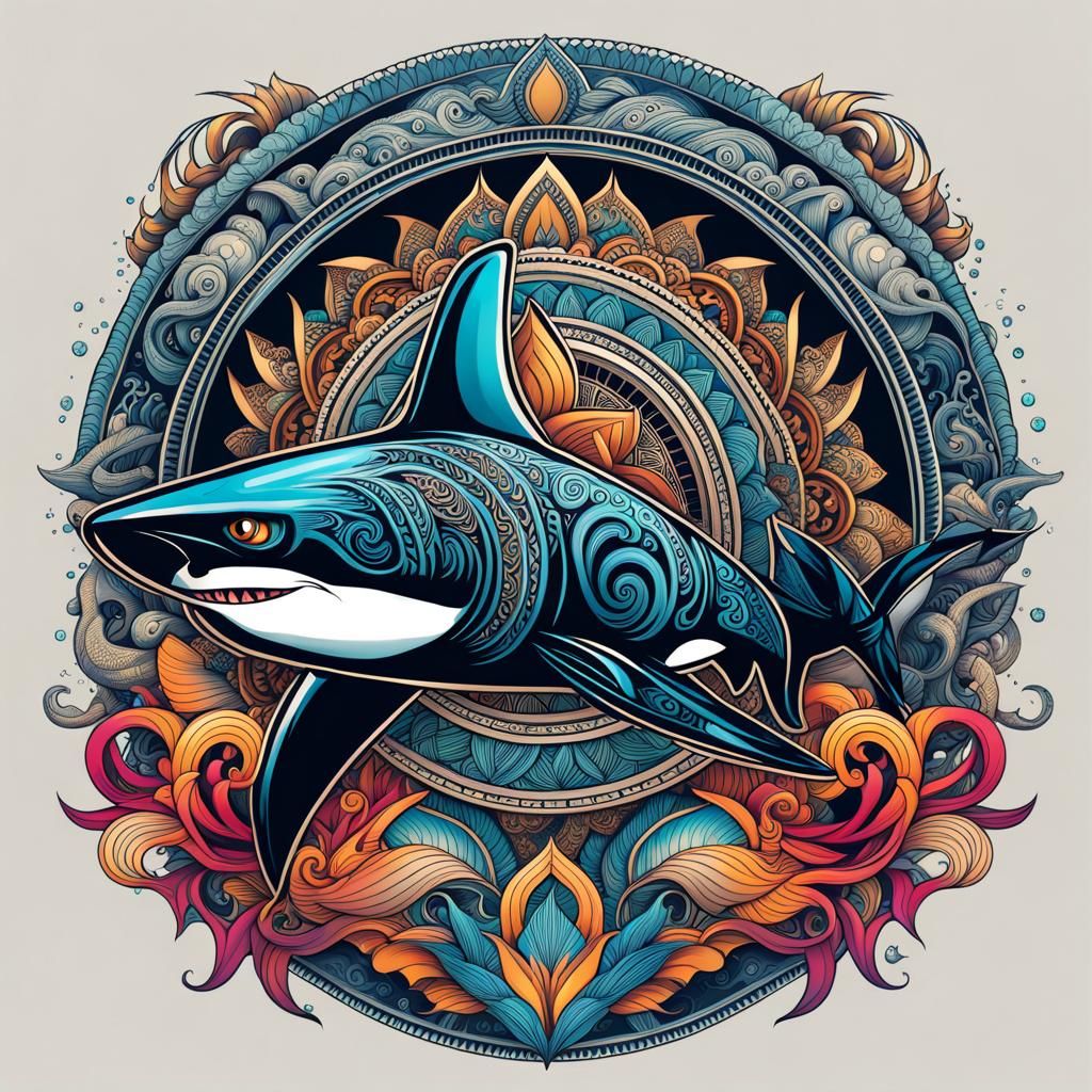 God with Tribal Tattoos in Shark Scene