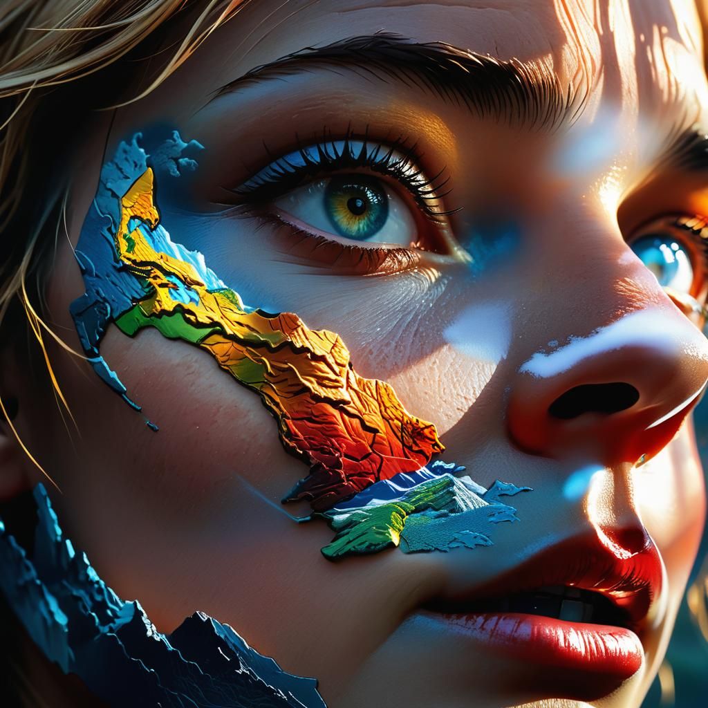 Topographic Woman's Face in Hyperrealistic Portrait