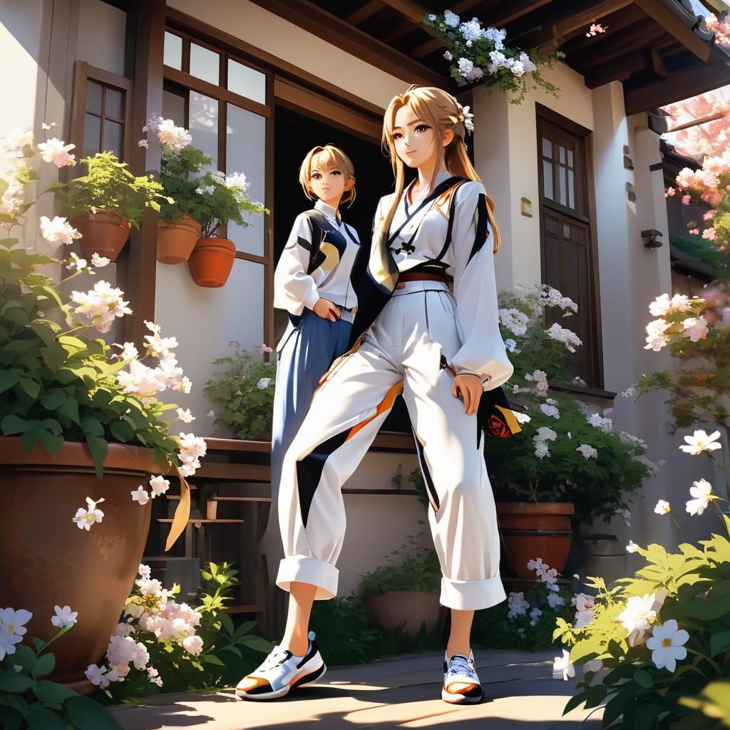 Moe Anime Woman Admiring Garden Flowers