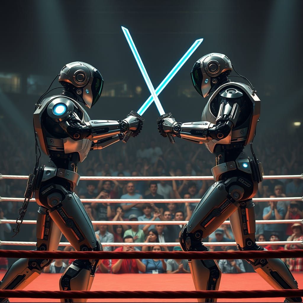 Mecha Fencing Duel in Cyberpunk Boxing Ring