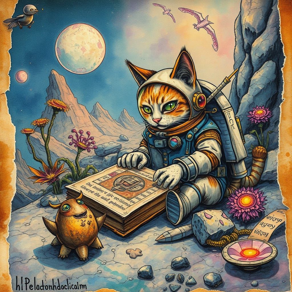 Whimsical Golden Age Astronaut Cat Discovers Ancient Alien A...