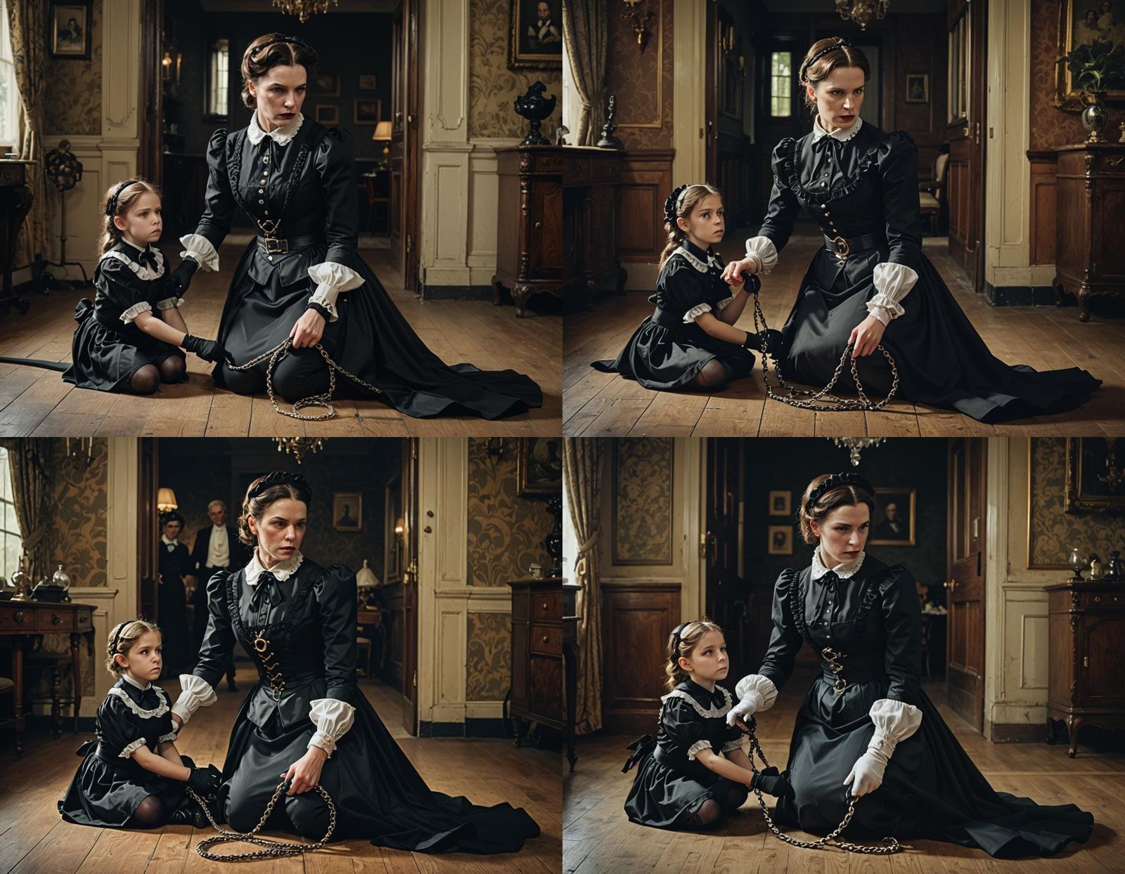 Victorian Mistress with Leashed Maid: Cinematic Still