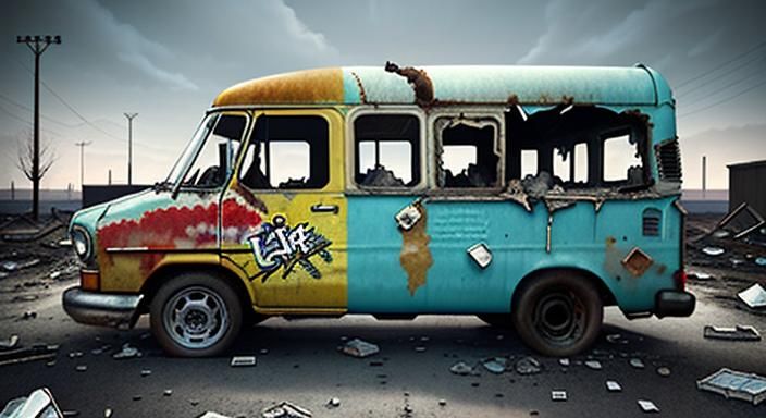 Dystopian 90's Ice Cream Van in Wasteland