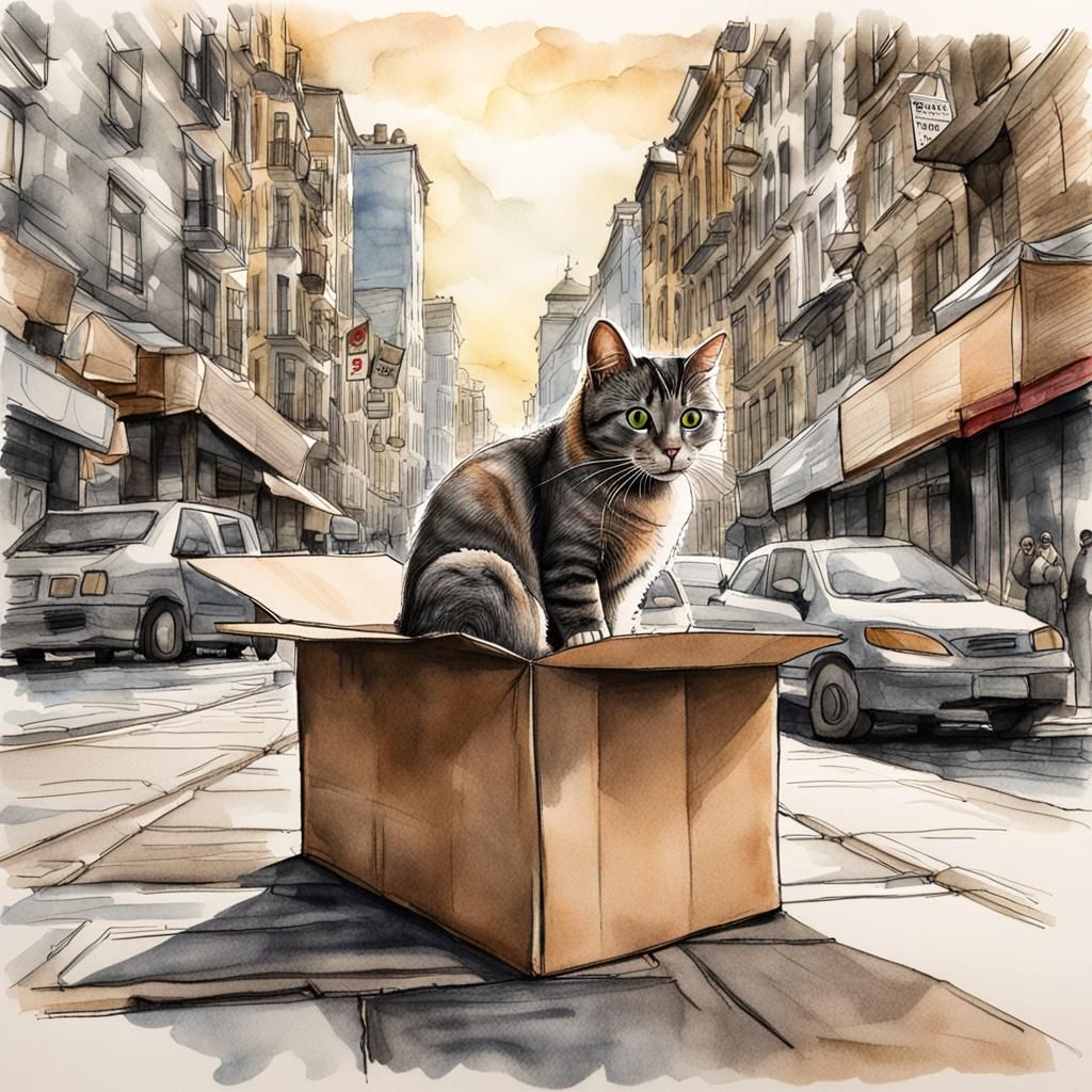 Cat in Box: Pen and Ink Watercolor Drawing