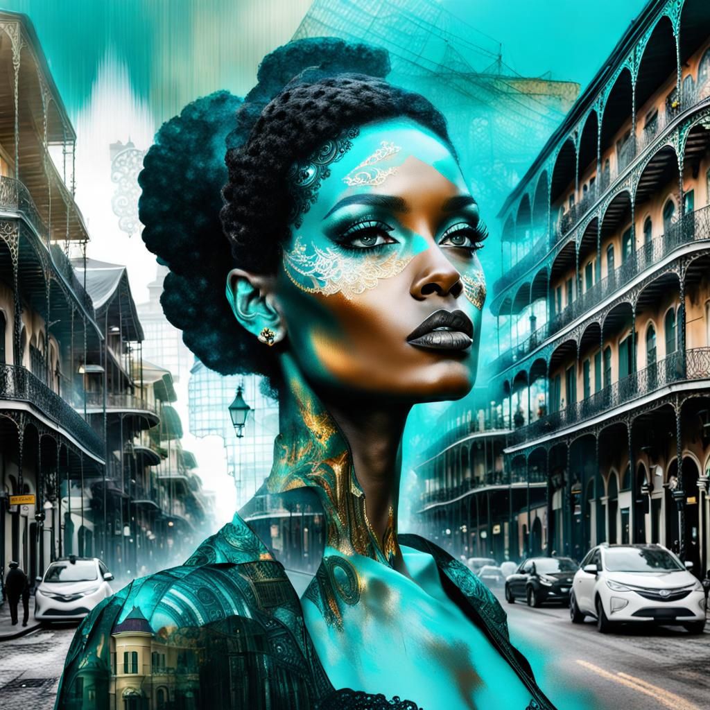 Creole Woman: French Quarter Mardi Gras Double Exposure