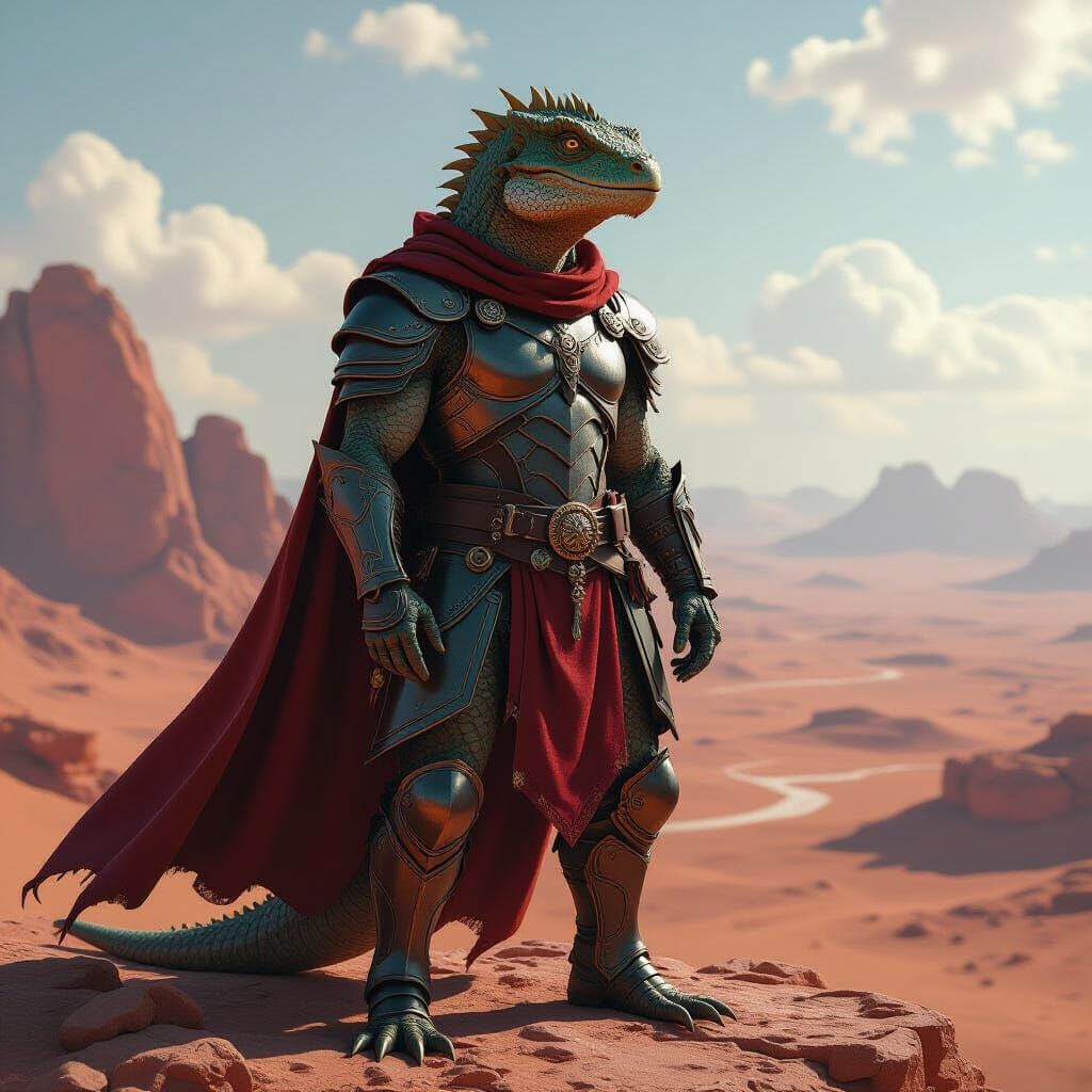Lizard Warrior in Alien Desert, Hyperrealistic Art