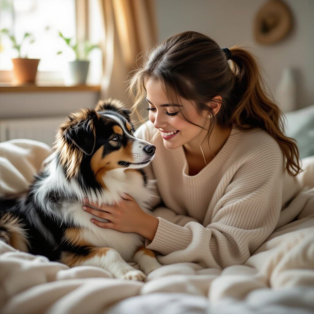 Girl and Newborn Collie Puppy in Warm Light