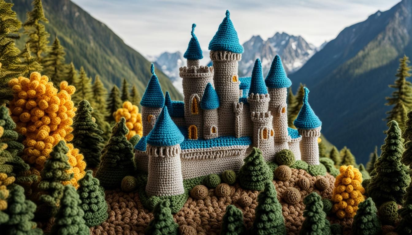 Crochet Castle in Forested Mountains, Art Nouveau