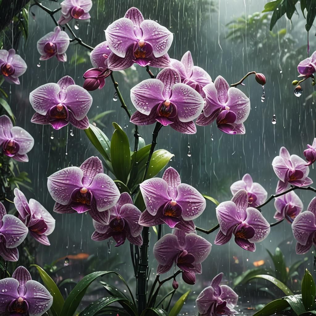 Exotic Orchids Swaying in Rainy Fantasy Landscape
