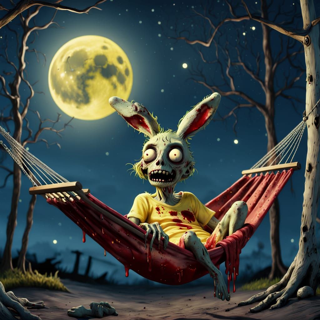 Whimsical Zombie Hammock Scene Under Full Moon