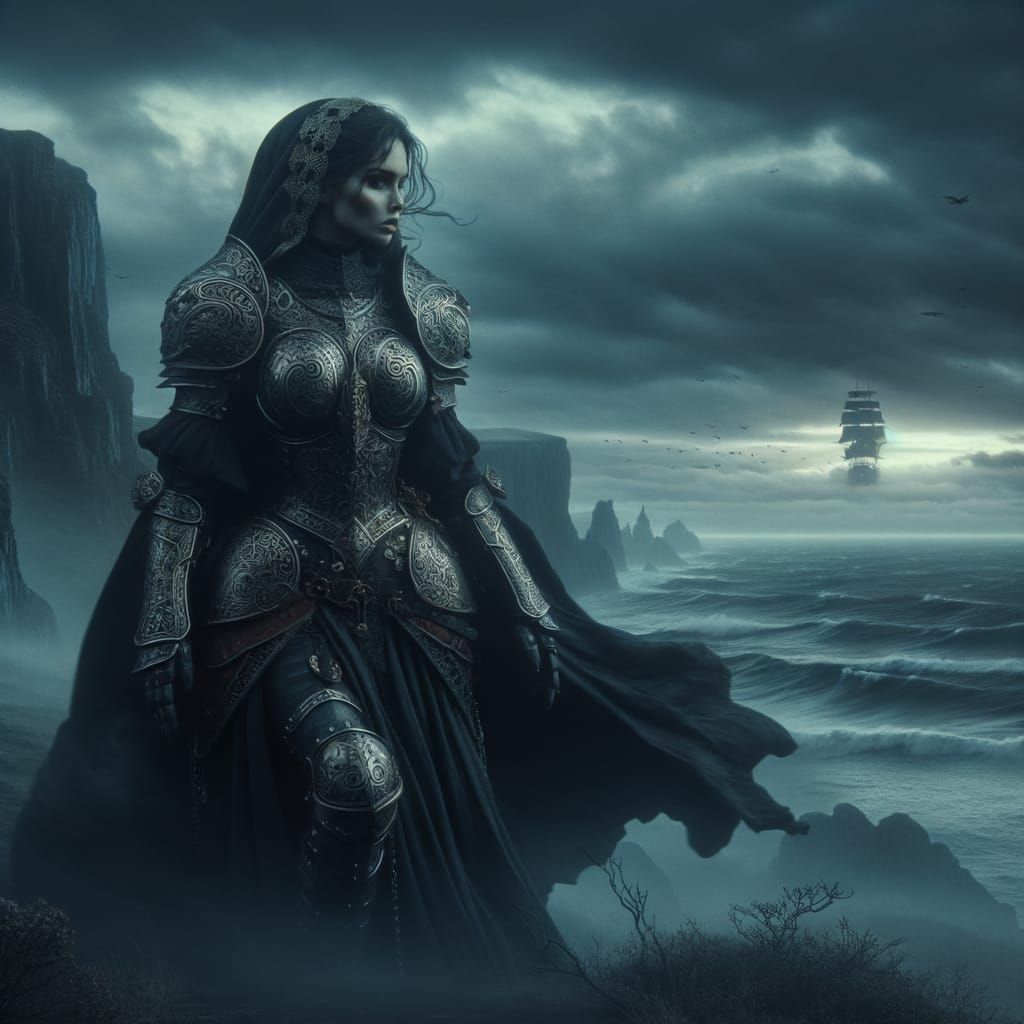 Gothic Warrior Woman on Cliff in Moonlight