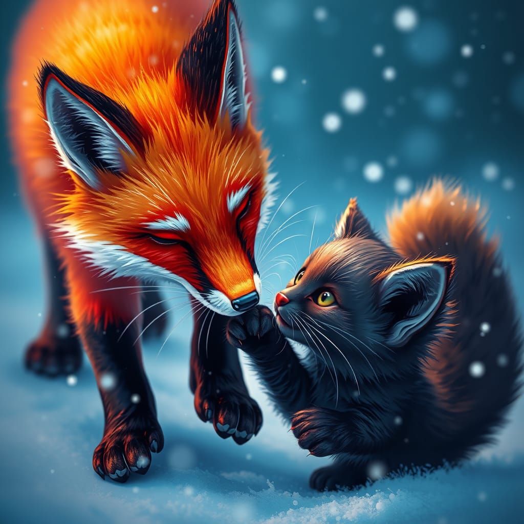 Fox and Kitten Play in Winter Snow: Fantasy Art