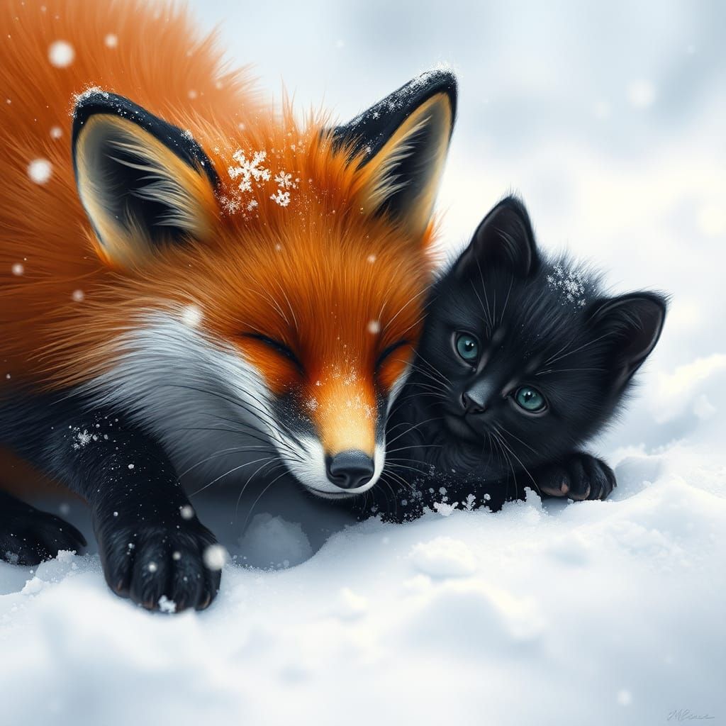 Fox and Kitten Play in Winter Wonderland