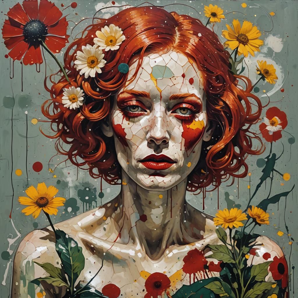 Red-Haired Cyborg Woman in Flower Bath as Avant-Garde Art