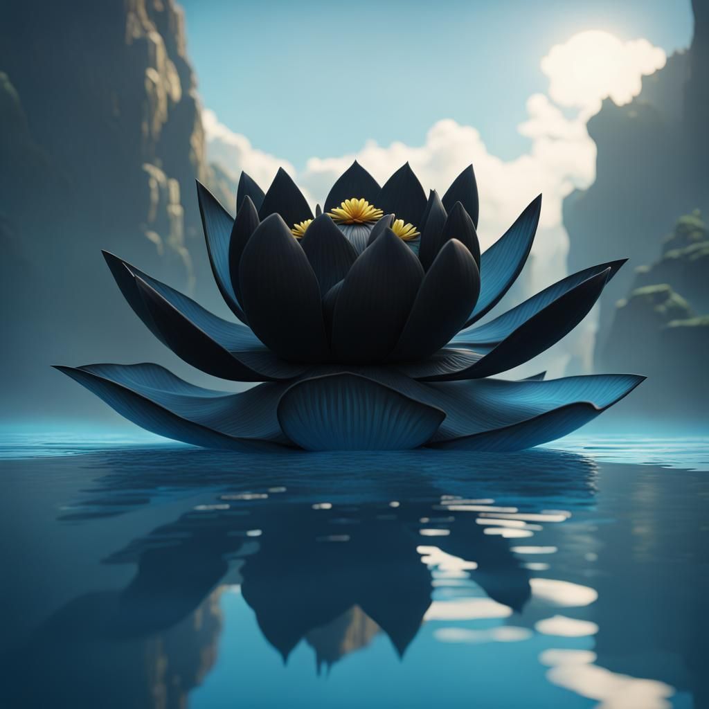 Black Lotus Flower in Light Blue Water