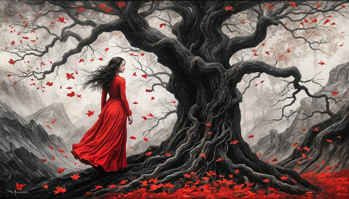 Monochromatic Red Portrait with Haunted Tree