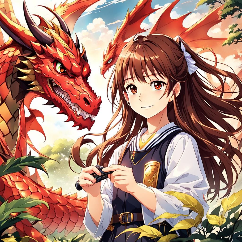 Cute Anime Girl with Baby Red Dragon