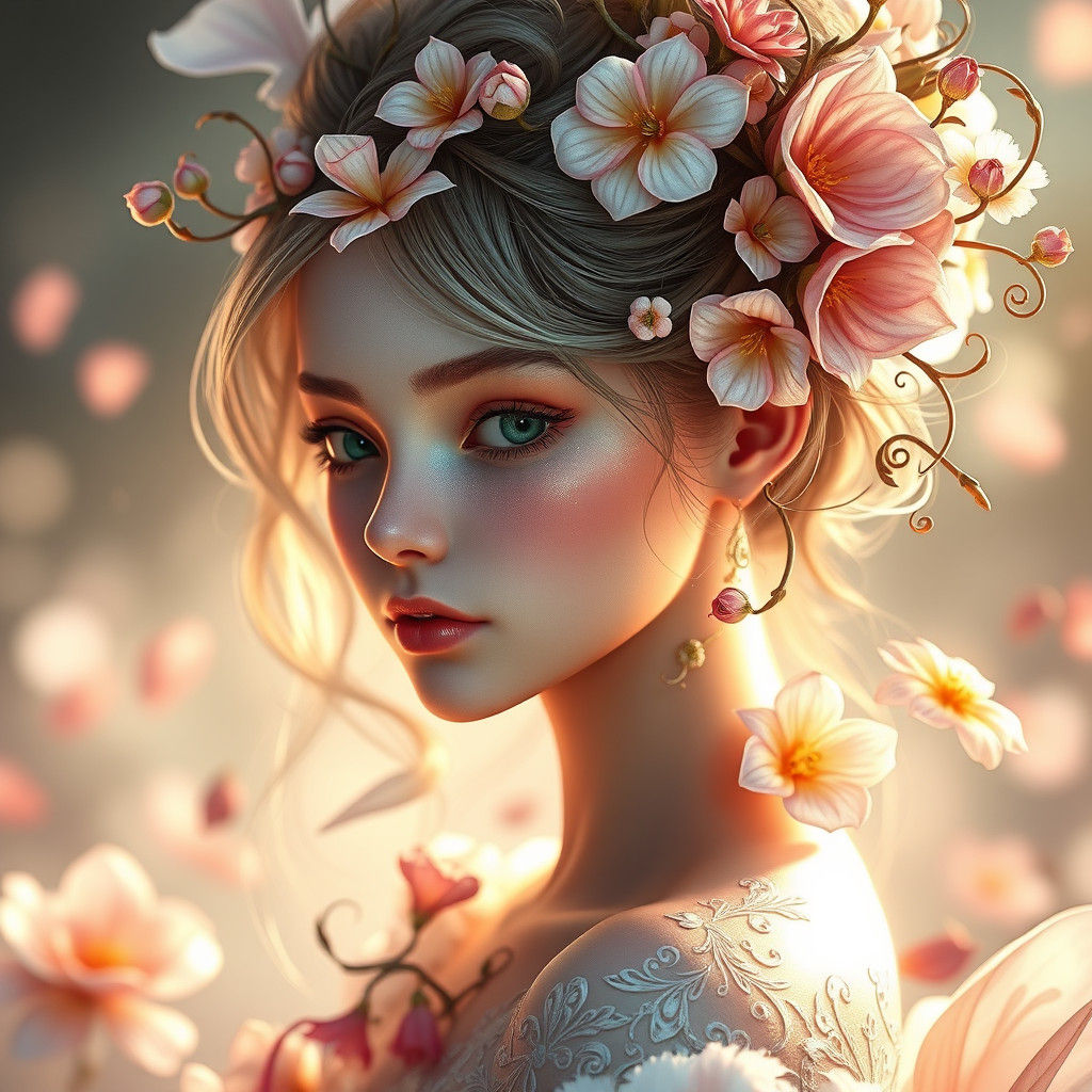 Ethereal Flower Girl Portrait in Digital Art Style