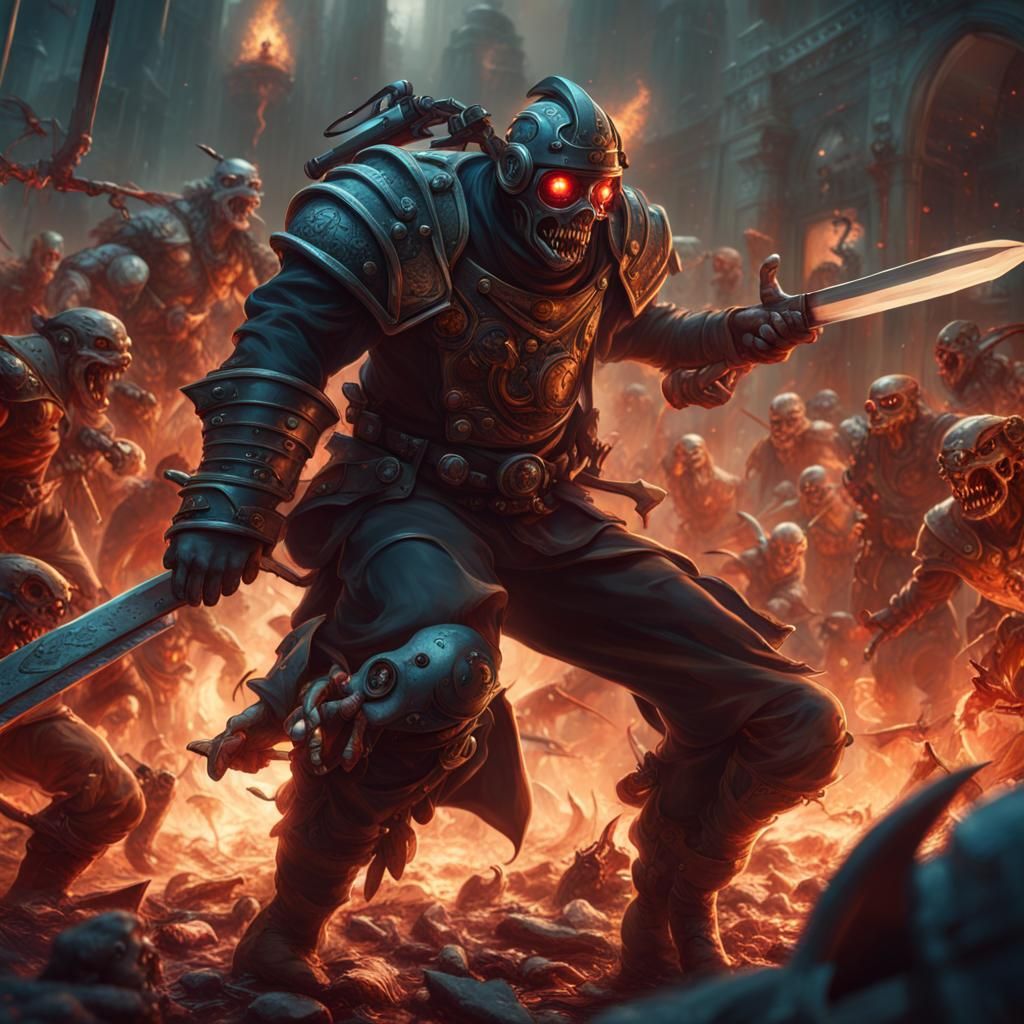 Dieselpunk Warrior Fighting Demons: Detailed Matte Painting