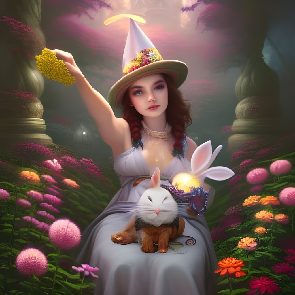 Cute Rabbit Magician in Ethereal Flower Garden