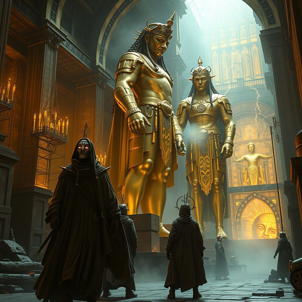 Electric God Statues: Ancient Builders in Ethereal Foundry