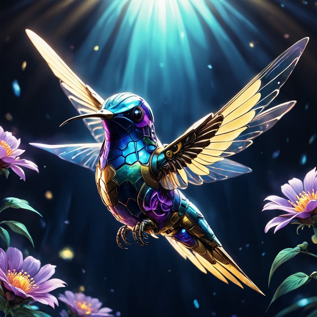 Biomechanical Hummingbird in Cyberpunk Sci-Fi Style