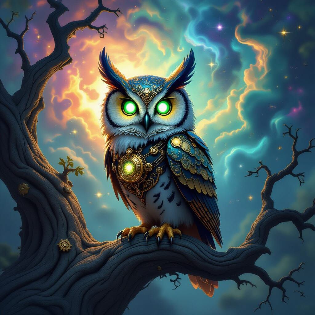 Steampunk Clockwork Owl in Cosmic Nebula