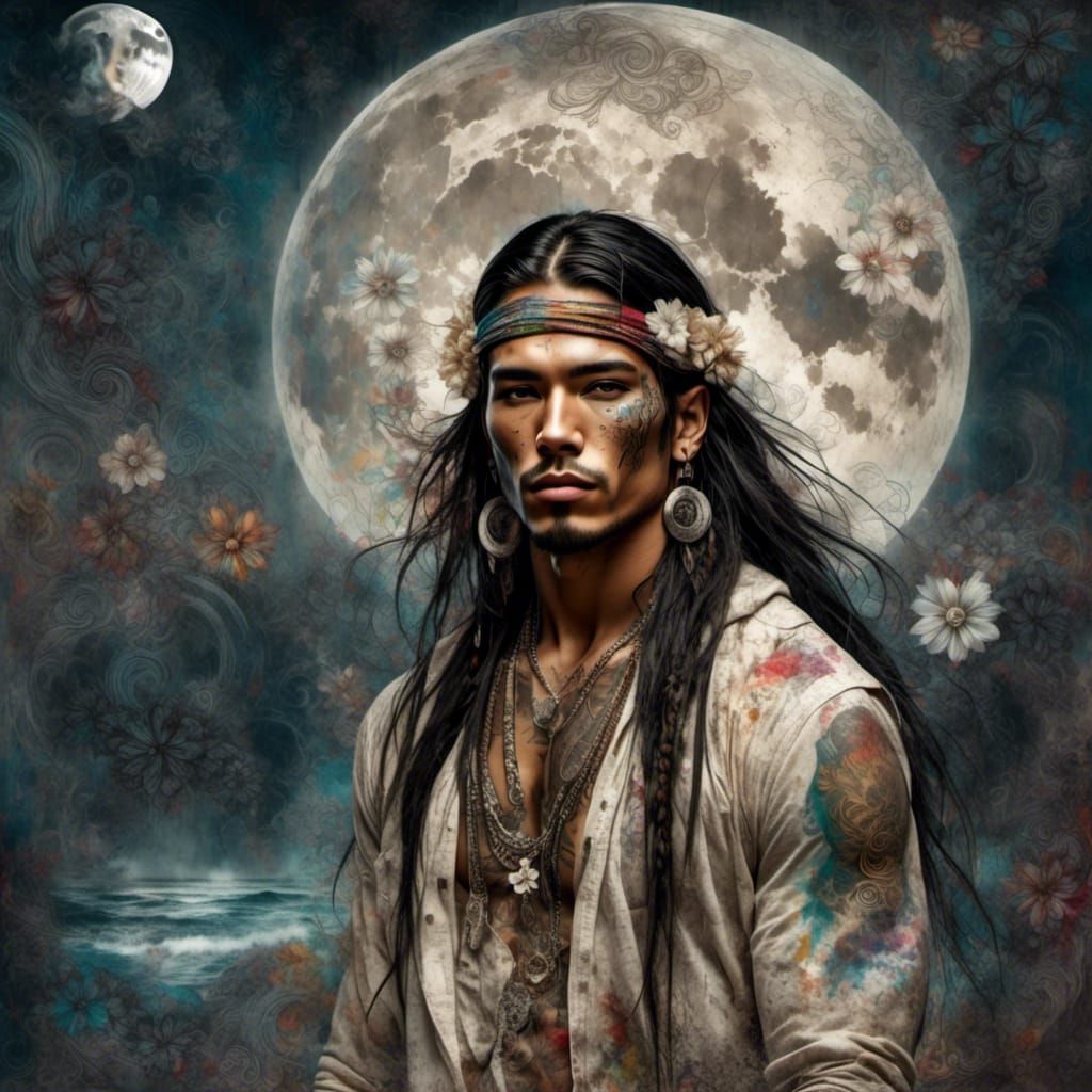 Native American Man with Floral Tattoos